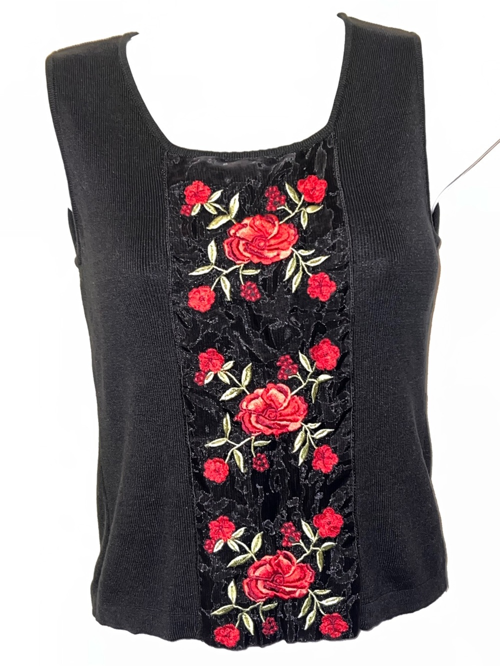 Black Sleeveless Top with Red Rose Embroidery